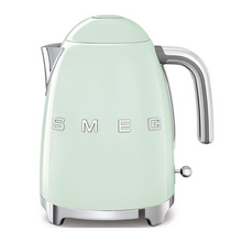 Load image into Gallery viewer, Front View. White Background. Smeg 50s Retro 1.7L Kettle. The body of the kettle is Pastel Green. There are chrome letters S, M, E and G embossed on each side. The lid is push button release. The spout, Handle, on/off lever and base are chrome. There is a water level window in line with the handle.

