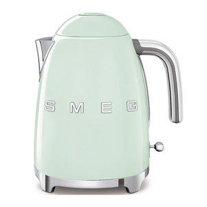 Front View. White Background. Smeg 50s Retro 1.7L Kettle. The body of the kettle is Pastel Green. There are chrome letters S, M, E and G embossed on each side. The lid is push button release. The spout, Handle, on/off lever and base are chrome. There is a water level window in line with the handle.