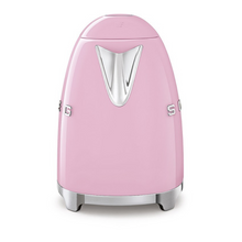 Load image into Gallery viewer, Spout Front View. White Background. Smeg 50s Retro 1.7L Kettle. The body of the kettle is Pink. There are chrome letters S, M, E and G embossed on each side. The lid is push button release. The spout, Handle, on/off lever and base are chrome. There is a water level window in line with the handle.
