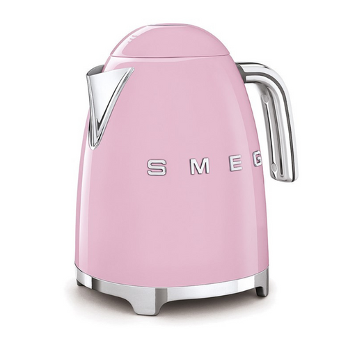 White Background. Smeg 50s Retro 1.7L Kettle. The body of the kettle is Pink. There are chrome letters S, M, E and G embossed on each side. The lid is push button release. The spout, Handle, on/off lever and base are chrome. There is a water level window in line with the handle.