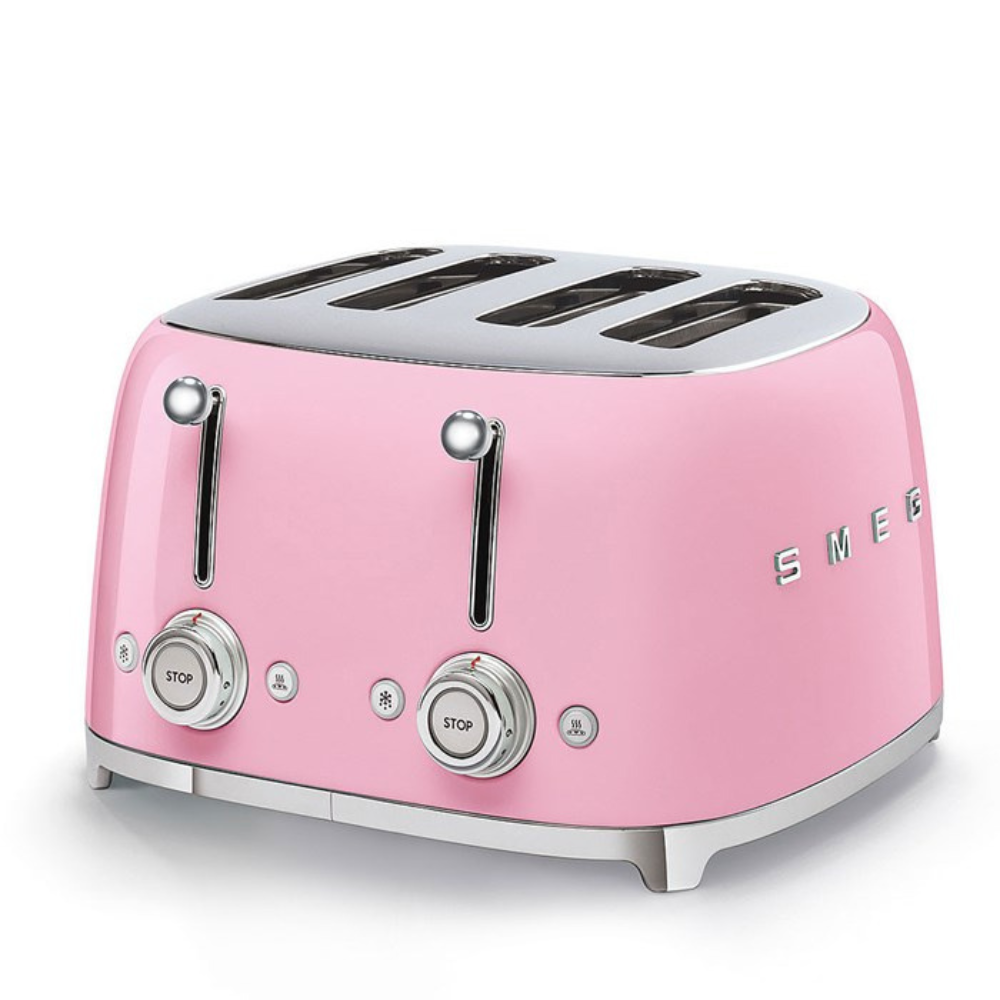 White Background. Smeg 50's Retro Pink 4 Slice Toaster. The body of the toaster is pink with chrome letters S, M, E and G embossed on either side. The top, base, levers, knobs and buttons are all chrome. There are two push down levers, two browning knobs, two defrost, two reheat and two stop buttons. One for each set of 2 slots.