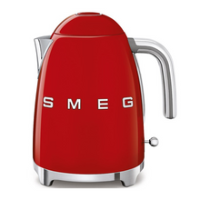 Load image into Gallery viewer, Frotn View.White Background. Smeg 50s Retro 1.7L Kettle. The body of the kettle is Red. There are chrome letters S, M, E and G embossed on each side. The lid is push button release. The spout, Handle, on/off lever and base are chrome. There is a water level window in line with the handle.

