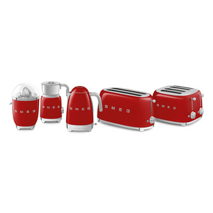White Background. 5 Items from the Smeg 50s Retro collection in red. From Left to Right: Citrus Juicer, Milk Frother, Variable temperature kettle, 4 Slice 2 Slot Toaster and the 4 Slice 4 Slot Toaster.