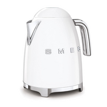 Load image into Gallery viewer, White Background. Smeg 50s Retro 1.7L Kettle. The body of the kettle is White. There are chrome letters S, M, E and G embossed on each side. The lid is push button release. The spout, Handle, on/off lever and base are chrome. There is a water level window in line with the handle.
