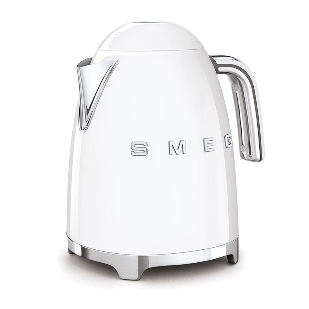 White Background. Smeg 50s Retro 1.7L Kettle. The body of the kettle is White. There are chrome letters S, M, E and G embossed on each side. The lid is push button release. The spout, Handle, on/off lever and base are chrome. There is a water level window in line with the handle.