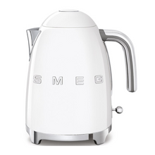 Load image into Gallery viewer, Front View. White Background. Smeg 50s Retro 1.7L Kettle. The body of the kettle is White. There are chrome letters S, M, E and G embossed on each side. The lid is push button release. The spout, Handle, on/off lever and base are chrome. There is a water level window in line with the handle.
