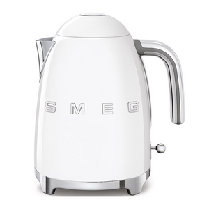 Front View. White Background. Smeg 50s Retro 1.7L Kettle. The body of the kettle is White. There are chrome letters S, M, E and G embossed on each side. The lid is push button release. The spout, Handle, on/off lever and base are chrome. There is a water level window in line with the handle.