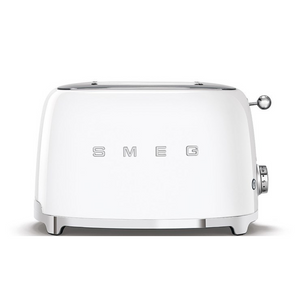 Front View. White Background. Smeg White 50s Retro 2 Slice Toaster. The body of the toaster is white with chrome letters S, M, E and G embossed on both sides. The top and base are chrome. The push down lever, defrost, reheat, stop buttons and browning knob are all chrome.