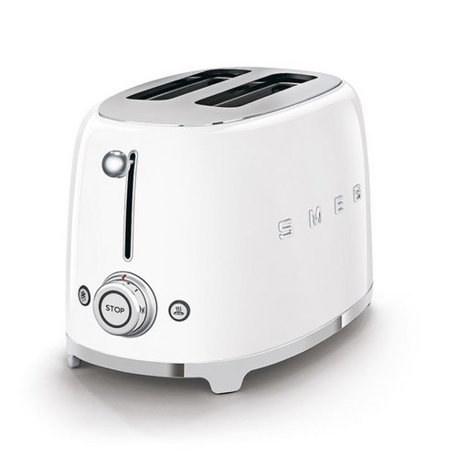 White Background. Smeg White 50s Retro 2 Slice Toaster. The body of the toaster is white with chrome letters S, M, E and G embossed on both sides. The top and base are chrome. The push down lever, defrost, reheat, stop buttons and browning knob are all chrome.