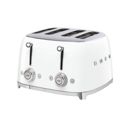 White Background. Smeg 50's Retro White 4 Slice Toaster. The body of the toaster is white with chrome letters S, M, E and G embossed on either side. The top, base, levers, knobs and buttons are all chrome. There are two push down levers, two browning knobs, two defrost, two reheat and two stop buttons. One for each set of 2 slots.