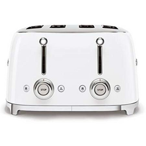 Side View. White Background. Smeg 50's Retro White 4 Slice Toaster. The body of the toaster is white with chrome letters S, M, E and G embossed on either side. The top, base, levers, knobs and buttons are all chrome. There are two push down levers, two browning knobs, two defrost, two reheat and two stop buttons. One for each set of 2 slots.