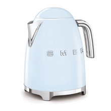 Load image into Gallery viewer, White Background. Smeg 50s Retro 1.7L Kettle. The body of the kettle is Pastel Blue. There are chrome letters S, M, E and G embossed on each side. The lid is push button release. The spout, Handle, on/off lever and base are chrome. There is a water level window in line with the handle.
