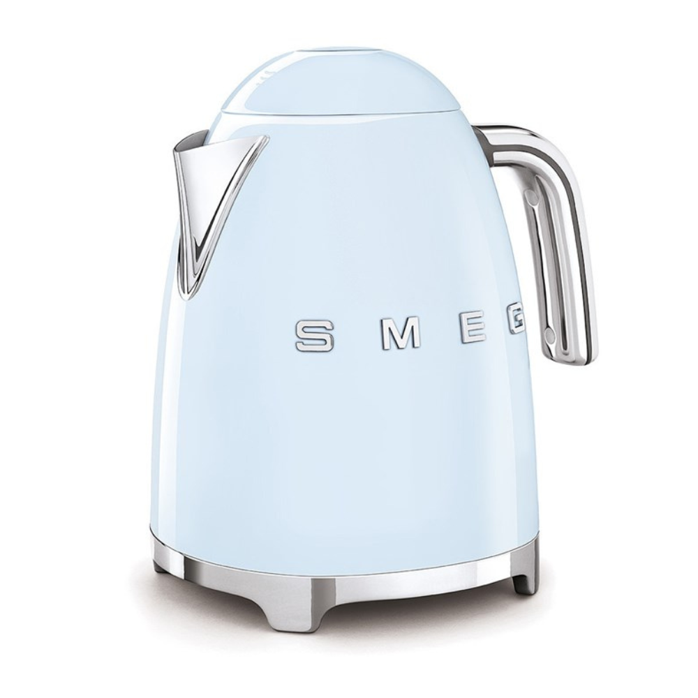 White Background. Smeg 50s Retro 1.7L Kettle. The body of the kettle is Pastel Blue. There are chrome letters S, M, E and G embossed on each side. The lid is push button release. The spout, Handle, on/off lever and base are chrome. There is a water level window in line with the handle.