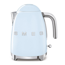 Load image into Gallery viewer, Front View. White Background. Smeg 50s Retro 1.7L Kettle. The body of the kettle is Pastel Blue. There are chrome letters S, M, E and G embossed on each side. The lid is push button release. The spout, Handle, on/off lever and base are chrome. There is a water level window in line with the handle.
