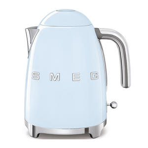 Front View. White Background. Smeg 50s Retro 1.7L Kettle. The body of the kettle is Pastel Blue. There are chrome letters S, M, E and G embossed on each side. The lid is push button release. The spout, Handle, on/off lever and base are chrome. There is a water level window in line with the handle.