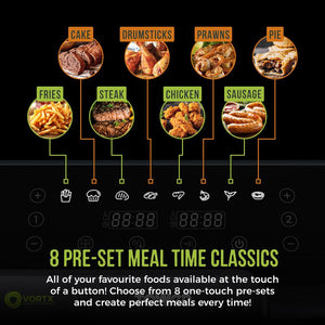 8 Pre-set meal times classics. Fries, Cake, Steak, Drumsticks, Chicken, Prawns, Sausage, Pie. All of your favourite foods available at the touch of a button! Choose from 8 one-touch pre-sets and create perfect meals every time!