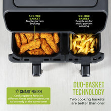 Load image into Gallery viewer, 5.2 Litre basket, single-portion cooking. 3.3 litre basket, double up for multi-portion cooking. Smart finish - cook separate foods at different times and temperatures to be ready at the same time! Duo-Basket technology - two cooking baskets are better than one!
