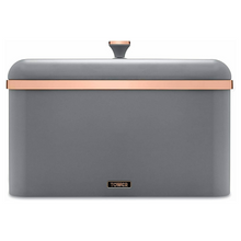 Load image into Gallery viewer, Rectangular large bread bin with lift off lid. Grey with Rose gold trim on Bin and knob.
