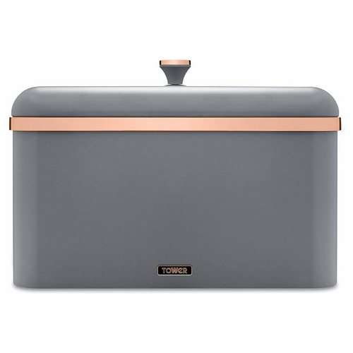 Rectangular large bread bin with lift off lid. Grey with Rose gold trim on Bin and knob.