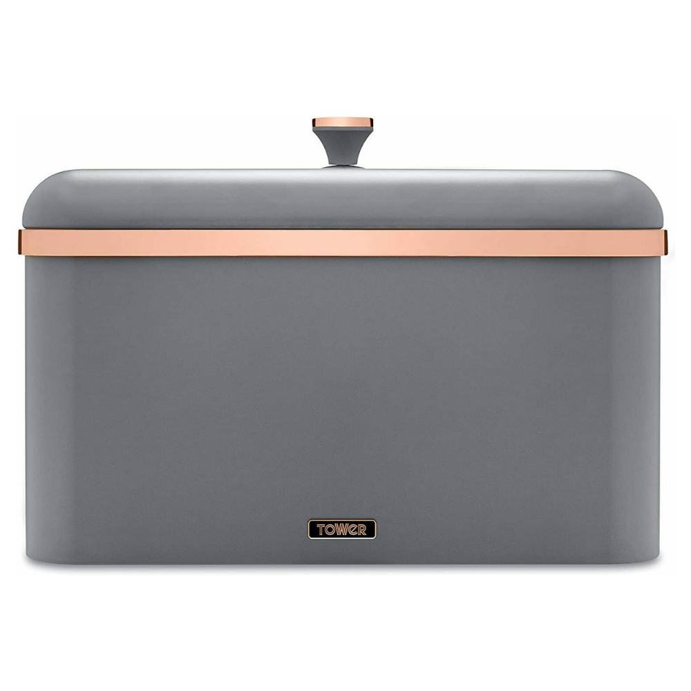 Rectangular large bread bin with lift off lid. Grey with Rose gold trim on Bin and knob.