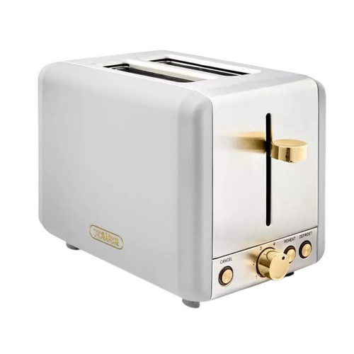 A rectangular 2 slice toaster with matt white finish sides, brushed steel slots and brass buttons and trims.