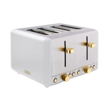 Load image into Gallery viewer, A rectangular 4 slice toaster with matt white finish sides, brushed steel slots and brass buttons and trims.
