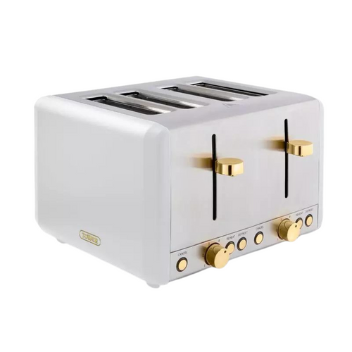 A rectangular 4 slice toaster with matt white finish sides, brushed steel slots and brass buttons and trims.
