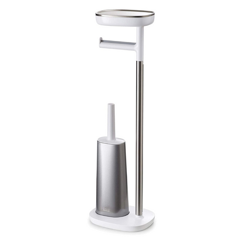Stainless Steel and White Toilet Brush in holder, on a standing with a toilet roll holder, shelf and discrete storage compartment.